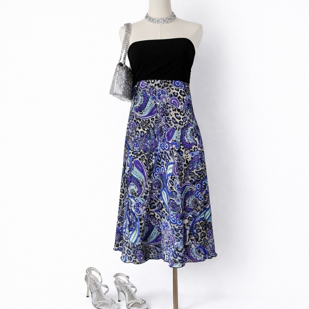 Y2K BODY CENTRAL Babydoll Strapless Satin Paisley Midi Dress Indie Glam Size M